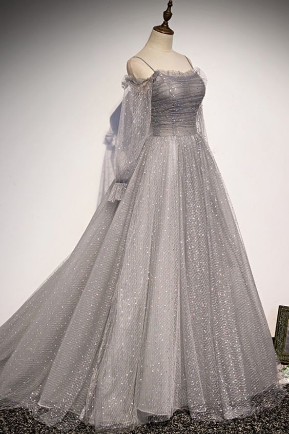 Grey Shiny Elegant Long Sleeves Long Tulle Prom Dress Prom Dress Prom Gowns Graduation Dresses