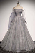 Grey Shiny Elegant Long Sleeves Long Tulle Prom Dress Prom Dress Prom Gowns Graduation Dresses