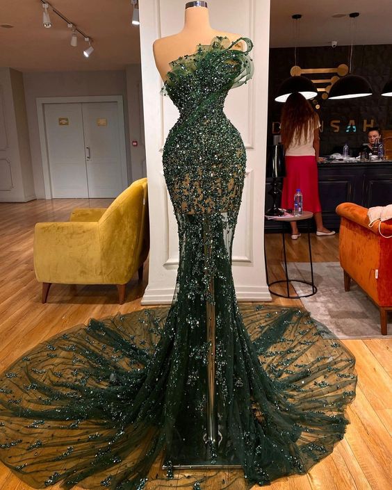 Long Train Strapless Green Prom Dresses Arabic Mermaid Prom Gown For Women