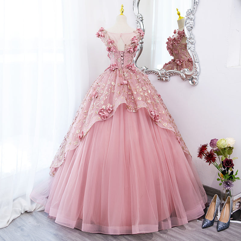 Lovely Pink Tulle Long Prom Dresses With Flowers, Pink Tulle Sweet 16 Gowns
