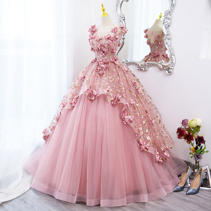 Lovely Pink Tulle Long Prom Dresses With Flowers, Pink Tulle Sweet 16 Gowns