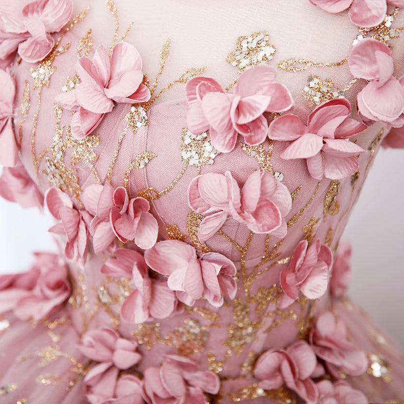 Lovely Pink Tulle Long Prom Dresses With Flowers, Pink Tulle Sweet 16 Gowns