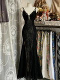 Lovely V-Neckline Straps Spandex With Lace Prom Dresses, Long Prom Gown With Leg Slit
