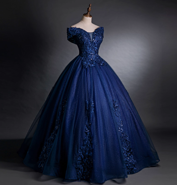 Luxurious Court Navy Blue One-Shoulder Embroidered Sequin Tulle Ball Gown Evening Dresses Sweet 16 Dresses