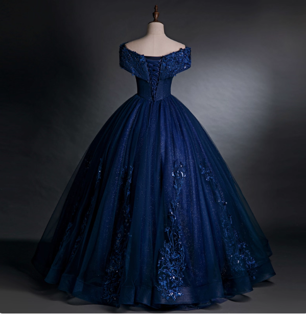 Luxurious Court Navy Blue One-Shoulder Embroidered Sequin Tulle Ball Gown Evening Dresses Sweet 16 Dresses