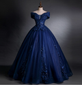 Luxurious Court Navy Blue One-Shoulder Embroidered Sequin Tulle Ball Gown Evening Dresses Sweet 16 Dresses