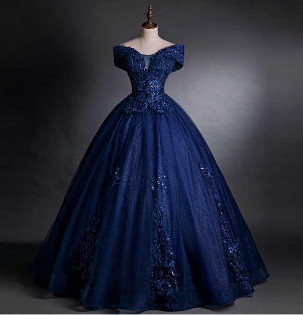 Luxurious Court Navy Blue One-Shoulder Embroidered Sequin Tulle Ball Gown Evening Dresses Sweet 16 Dresses