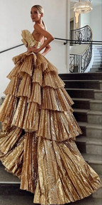 Luxurious Gold Strapless Pleated Irregular Neck Layered Prom Dress Ball Gowns Quinceanera Prom Dresses