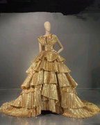 Luxurious Gold Strapless Pleated Irregular Neck Layered Prom Dress Ball Gowns Quinceanera Prom Dresses