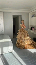 Luxurious Gold Strapless Pleated Irregular Neck Layered Prom Dress Ball Gowns Quinceanera Prom Dresses