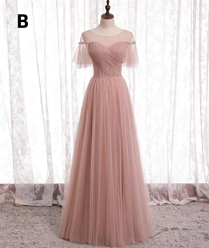 Pink Elegant A-Line Tulle Long Ball Gowns Prom Gowns Bridesmaid Dresses