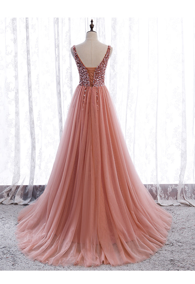 Pink Long Sparkle Beaded Tulle Slit Prom Dresses,Pink V-Neckline Prom Gowns