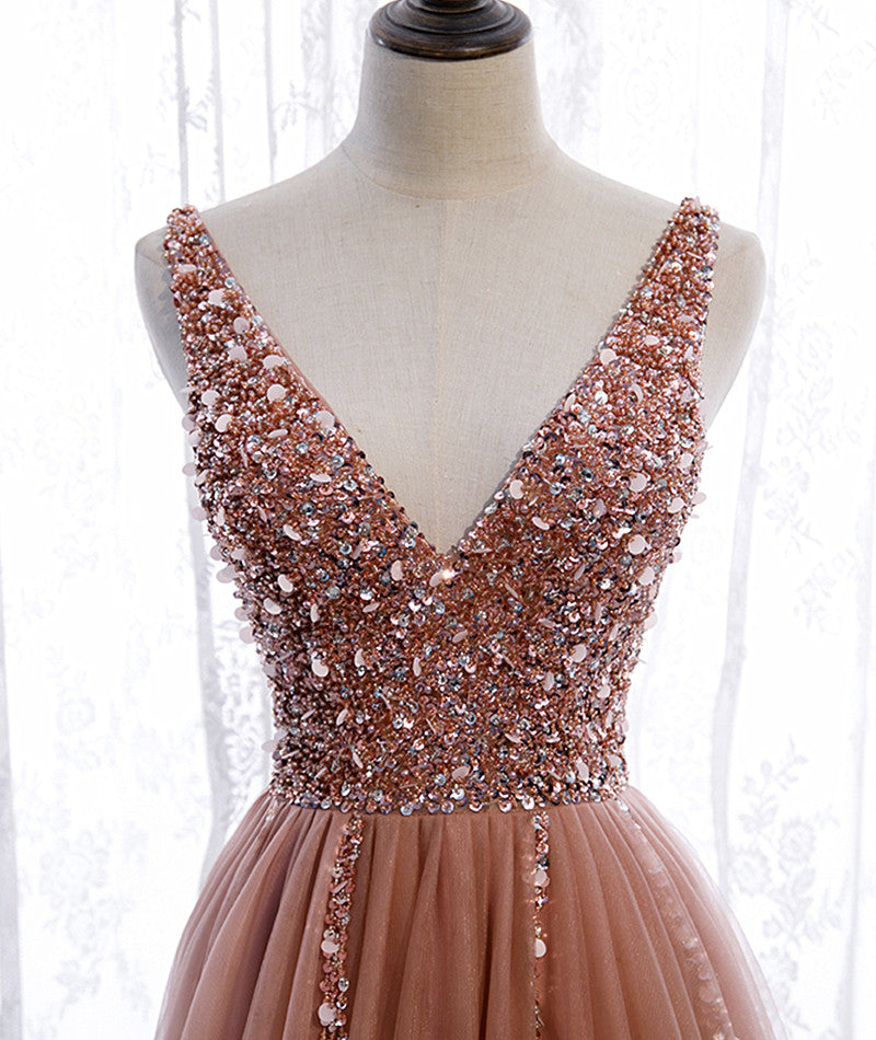 Pink Long Sparkle Beaded Tulle Slit Prom Dresses,Pink V-Neckline Prom Gowns