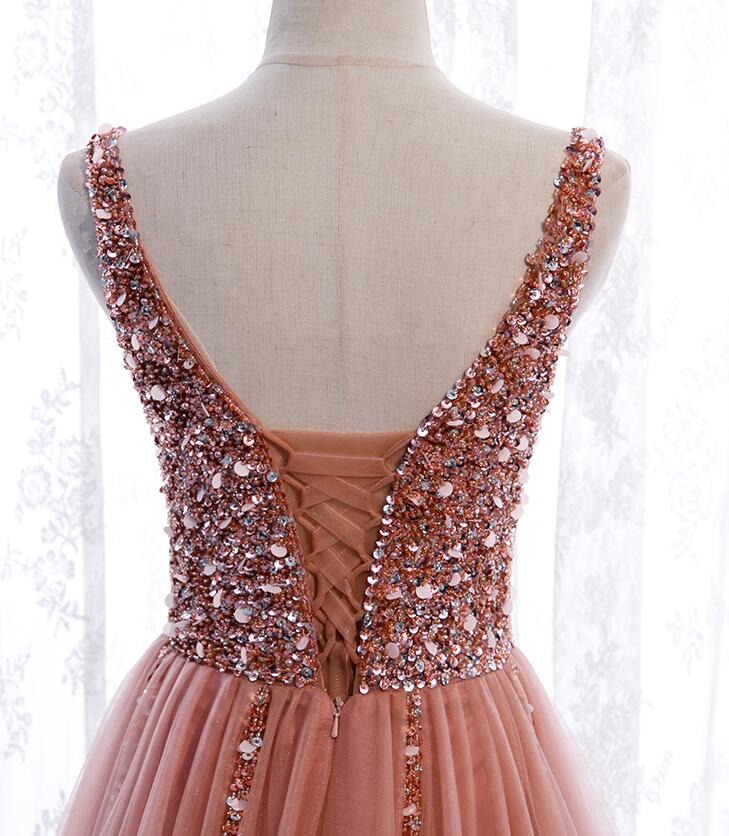 Pink Long Sparkle Beaded Tulle Slit Prom Dresses,Pink V-Neckline Prom Gowns