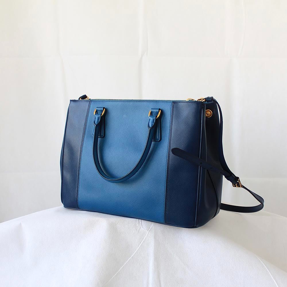 Prada Blue Bicolor Saffiano Lux Leather Medium Galleria Double Zip Tote