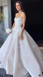 Pretty Wedding Dress Ball Gowns Square Neck Lace White Wedding Dresses Bridal Gown