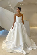 Pretty Wedding Dress Ball Gowns Strapless White Satin Long Wedding Dresses Bridal Gown