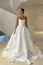 Pretty Wedding Dress Ball Gowns Strapless White Satin Long Wedding Dresses Bridal Gown
