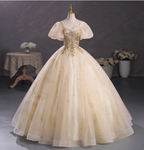 Princess Champagne Gold Square Neck Puff Sleeve Gold Embroidered Floral Tulle Ball Gown Evening Dresses Sweet 16 Dresses