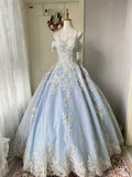 Princess Light Blue Lace Tulle Ball Gown Evening Dresses Sweet 16Th Dresses