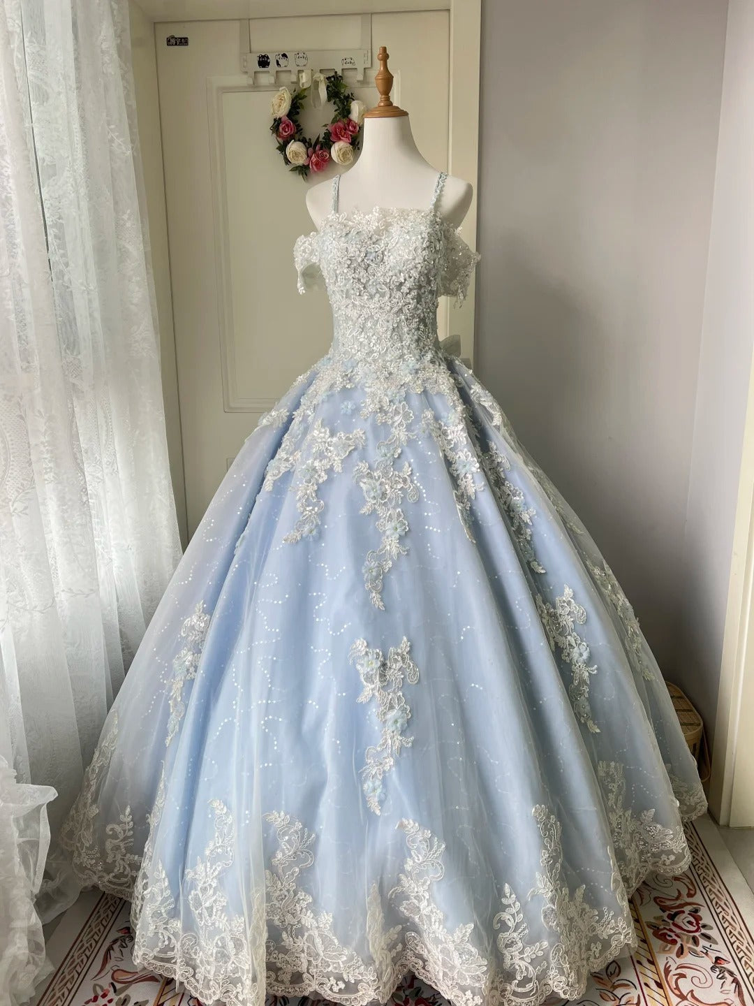 Princess Light Blue Lace Tulle Ball Gown Evening Dresses Sweet 16Th Dresses