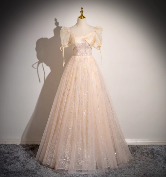 Princess Light Champagne Square Neck Puff Sleeve Bow Tulle Long Ball Gown Evening Dresses Sweet 16 Dresses