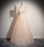 Princess Light Champagne Square Neck Puff Sleeve Bow Tulle Long Ball Gown Evening Dresses Sweet 16 Dresses