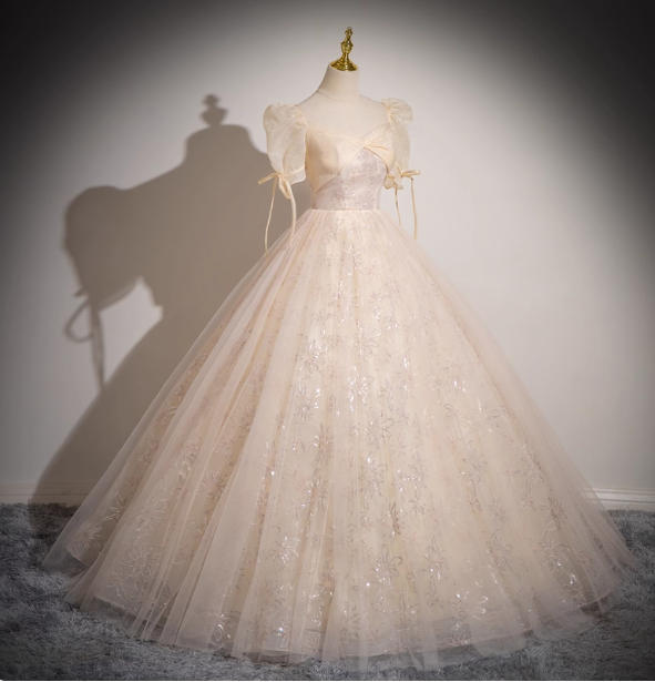 Princess Light Champagne Square Neck Puff Sleeve Bow Tulle Long Ball Gown Evening Dresses Sweet 16 Dresses