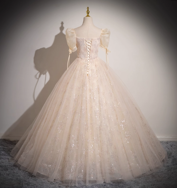 Princess Light Champagne Square Neck Puff Sleeve Bow Tulle Long Ball Gown Evening Dresses Sweet 16 Dresses
