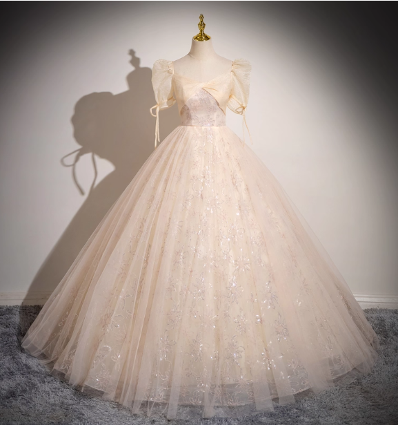 Princess Light Champagne Square Neck Puff Sleeve Bow Tulle Long Ball Gown Evening Dresses Sweet 16 Dresses