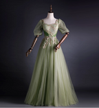 Princess Light Green Square Neck Puff Sleeve Gold Embroidery Tulle Ball Gown Evening Dresses Sweet 16 Dresses