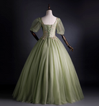 Princess Light Green Square Neck Puff Sleeve Gold Embroidery Tulle Ball Gown Evening Dresses Sweet 16 Dresses