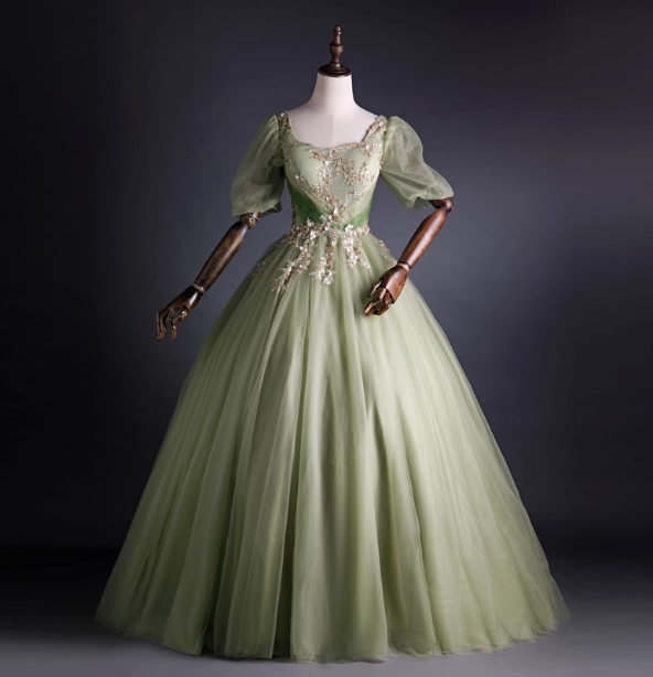 Princess Light Green Square Neck Puff Sleeve Gold Embroidery Tulle Ball Gown Evening Dresses Sweet 16 Dresses
