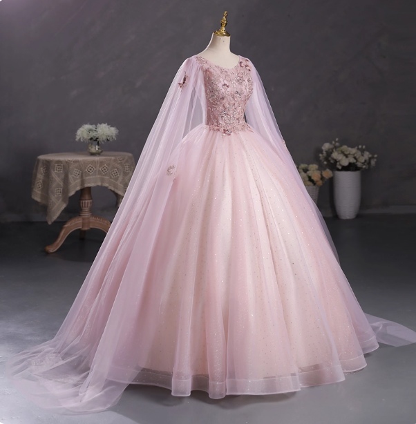 Princess Light Pink Crew Neck Cape Embroidered Tulle Ball Gown Evening Dresses Sweet 16 Dresses