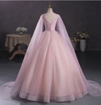 Princess Light Pink Crew Neck Cape Embroidered Tulle Ball Gown Evening Dresses Sweet 16 Dresses