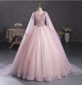Princess Light Pink Crew Neck Cape Embroidered Tulle Ball Gown Evening Dresses Sweet 16 Dresses