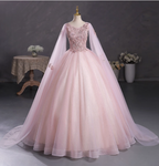 Princess Light Pink Crew Neck Cape Embroidered Tulle Ball Gown Evening Dresses Sweet 16 Dresses