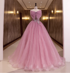 Princess Pink Bow Lace Tulle Ball Gown Evening Dresses Sweet 16 Dresses