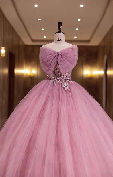 Princess Pink Bow Lace Tulle Ball Gown Evening Dresses Sweet 16 Dresses