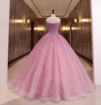 Princess Pink Bow Lace Tulle Ball Gown Evening Dresses Sweet 16 Dresses