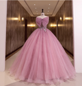 Princess Pink Bow Lace Tulle Ball Gown Evening Dresses Sweet 16 Dresses