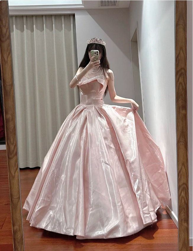 Princess Pink Strapless Ruffled Neck Satin Floor-Length Ball Gown Evening Gown 16Th Birthday Gown