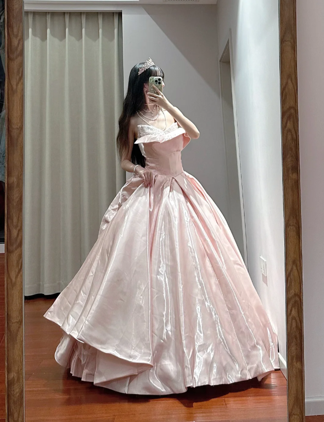 Princess Pink Strapless Ruffled Neck Satin Floor-Length Ball Gown Evening Gown 16Th Birthday Gown