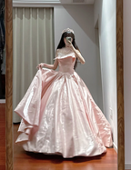 Princess Pink Strapless Ruffled Neck Satin Floor-Length Ball Gown Evening Gown 16Th Birthday Gown