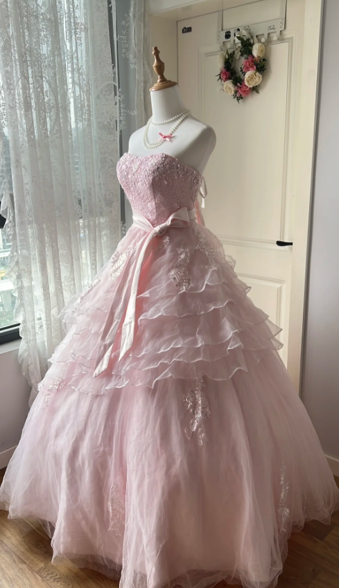 Princess Pink Strapless Tulle Ball Gown Evening Dresses