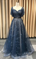 Dark blue tulle long prom dress, blue tulle evening dress   cg24822