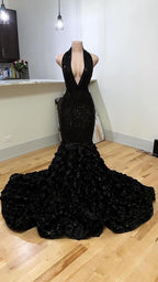 Black Halter Neck Mermaid Evening Dress With 3D Flower Sexy Formal Gown Y982