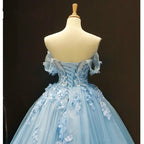 Sky Blue Prom Dresses Cheap 3D Flowers Applique Ball Gown Off Shoulder Corset Back Sweet 15 Quinceanera Dress C1780