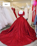 illusion Red Sparkle Ball Gown Wedding Dress With Short Sleeves Chic Prom Dress C2151