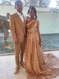 Sparkly Rose Gold Sequin Prom Dress With Train,Sexy Evening Gown Y1436
